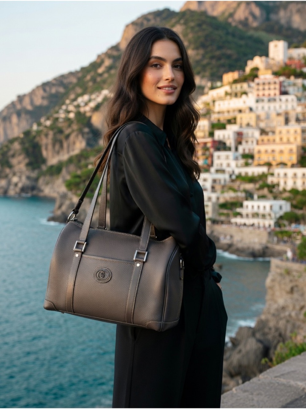 Gucci Interlocking Double GG Pebbled Anthracite Calfskin Leather Boston Handbag